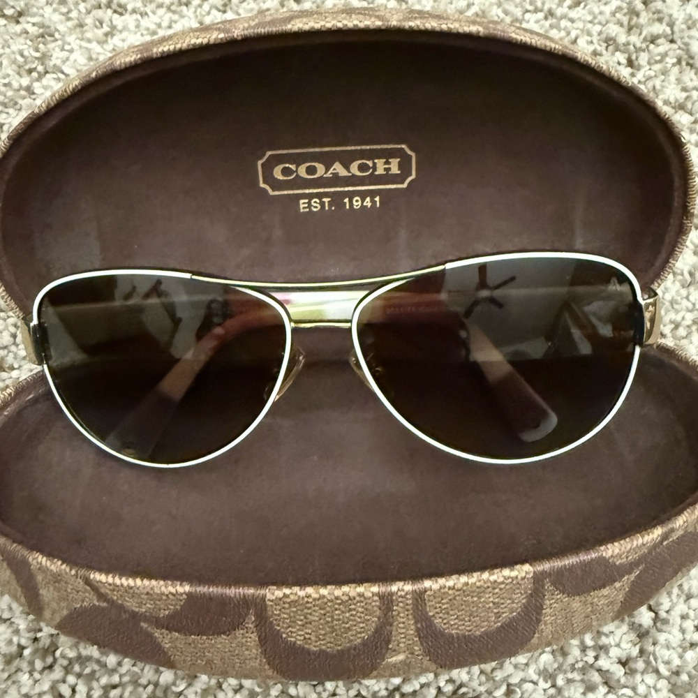 Coach Gold and Brown Aviator Sunglasses with Case